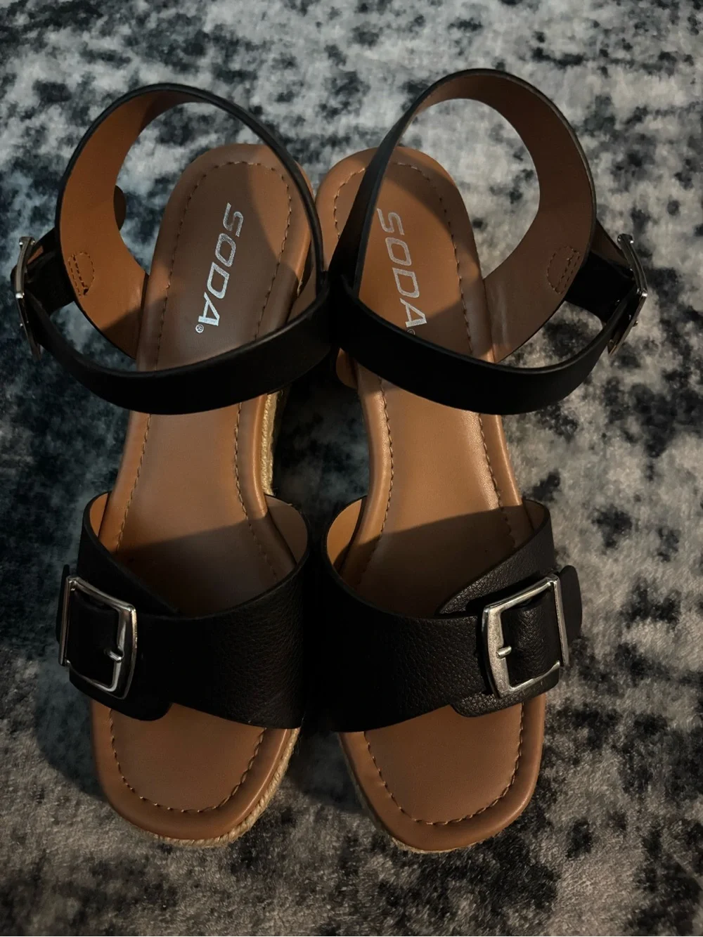 Soda Black Buckle Wedge Sandals